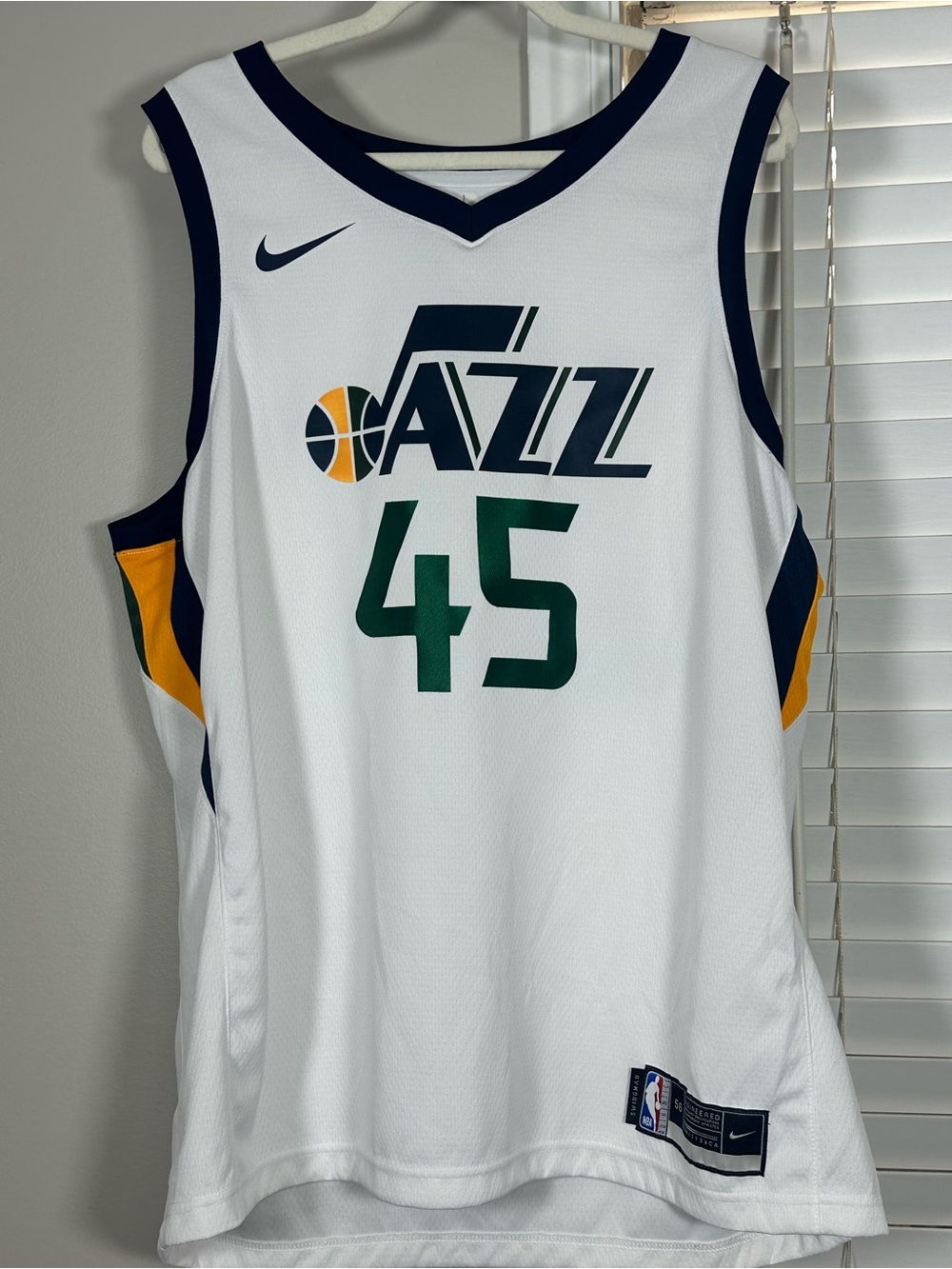 Nike White Utah Jazz #45 Basketball Jersey with Green, Navy & Yellow Accents